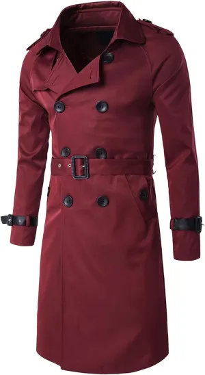 Men's Double Breasted Long Trench Coat Slim Fit Mid Long Belted Windbreaker Stylish Lapel Overcoat with Pocket