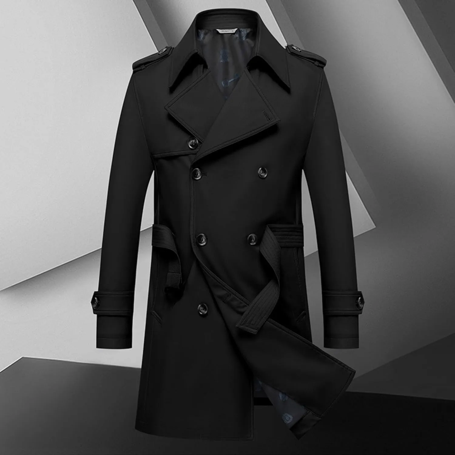 Men's Double Breasted Long Trench Coat Slim Fit Mid Long Belted Windbreaker Stylish Lapel Overcoat with Pocket