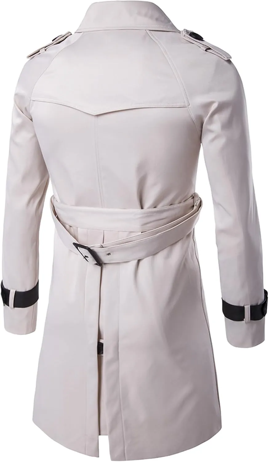 Men's Double Breasted Long Trench Coat Slim Fit Mid Long Belted Windbreaker Stylish Lapel Overcoat with Pocket