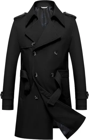 Men's Double Breasted Long Trench Coat Slim Fit Mid Long Belted Windbreaker Stylish Lapel Overcoat with Pocket