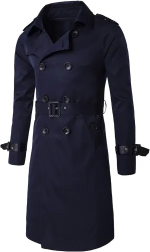 Men's Double Breasted Long Trench Coat Slim Fit Mid Long Belted Windbreaker Stylish Lapel Overcoat with Pocket