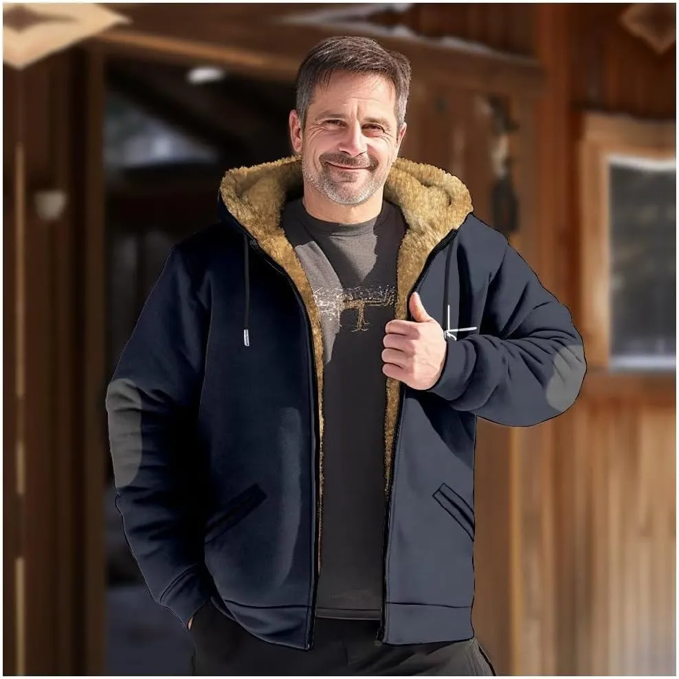 Men's Heavyweight Hoodie Full Zip Up Hooded Coat Warm Sherpa-Lined Flannel Big and Tall Plus Jacket with Pocket