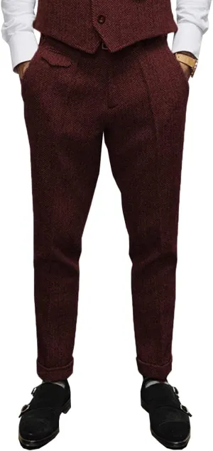 Mens Pants Herringbone Vintage Dress Pant Hemmed Pleated Suit Pants