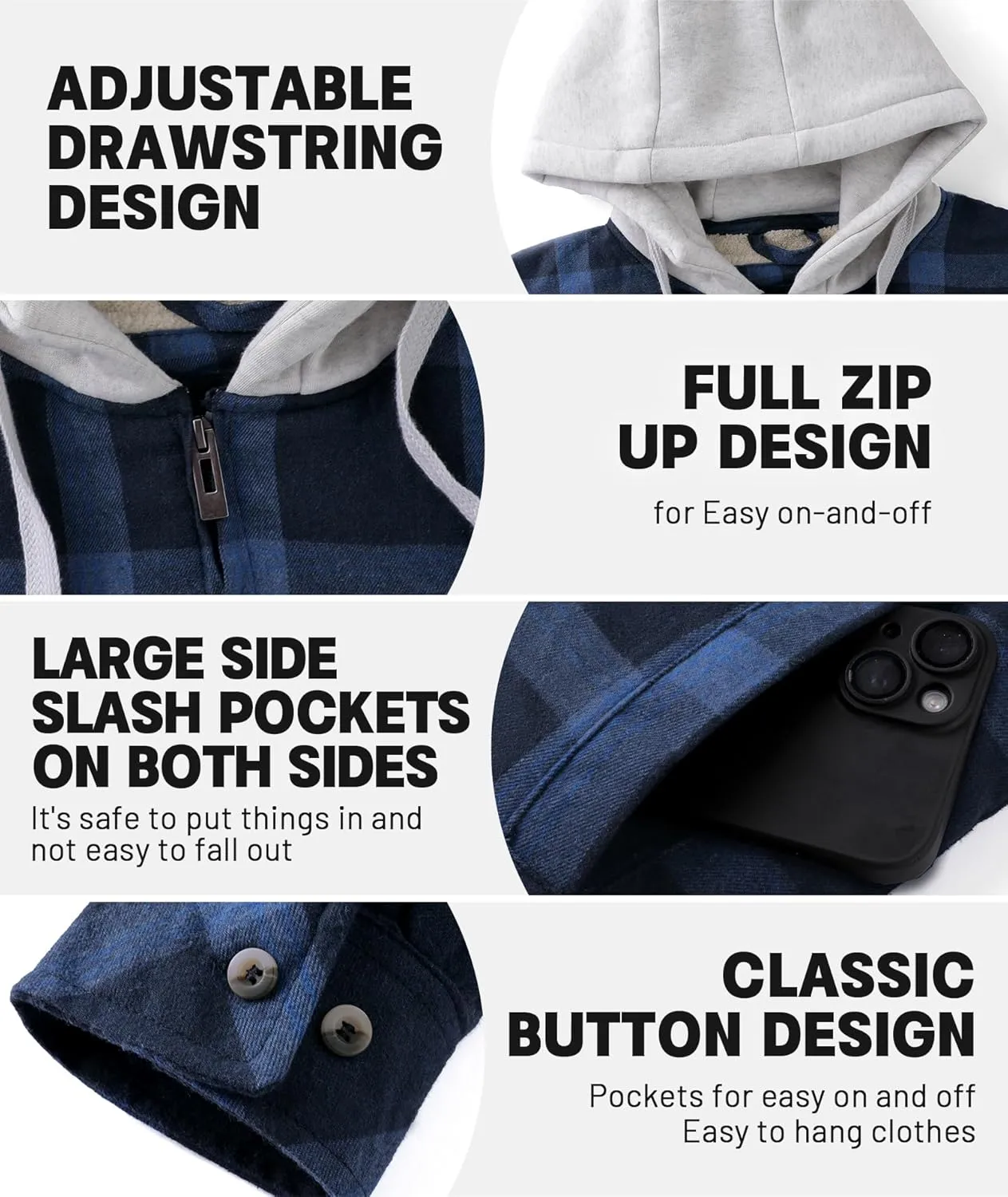 Men's Thick Fleece Plaid Jacket Flannel Shirts Sherpa Lined Full Zip Up Hoodie Winter Coat with Pockets