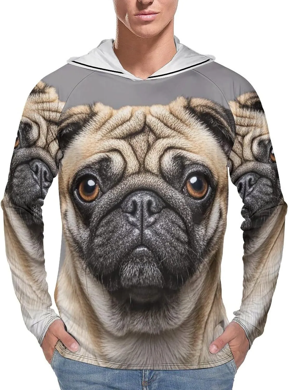 Men's UPF 50  Sun Protection Hoodie Outdoor UV Shirts Animal Pug Dog Long Sleeve Quick Dry Fishing Hiking Shirt