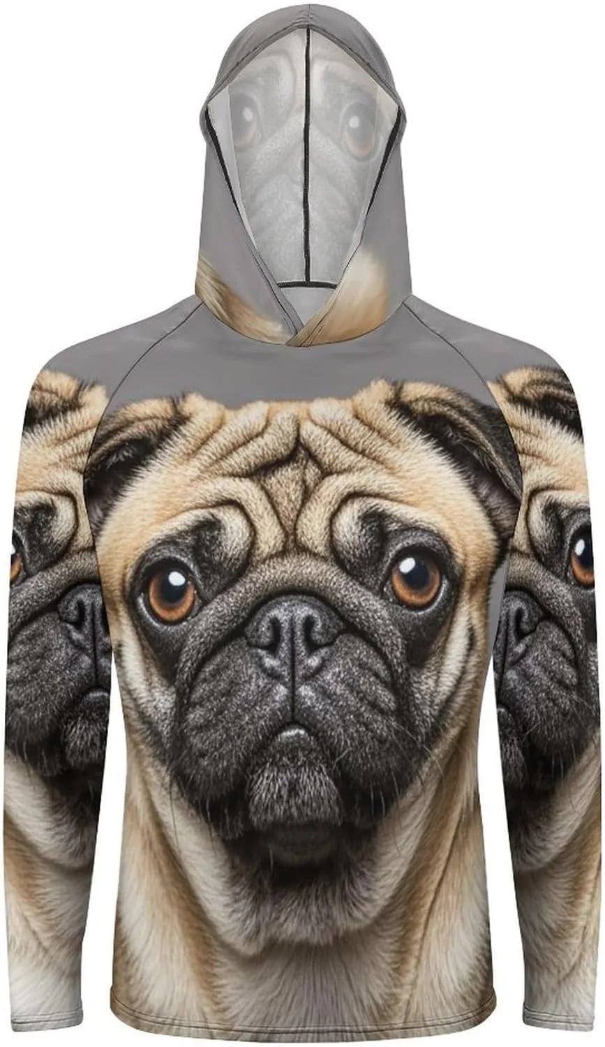 Men's UPF 50  Sun Protection Hoodie Outdoor UV Shirts Animal Pug Dog Long Sleeve Quick Dry Fishing Hiking Shirt