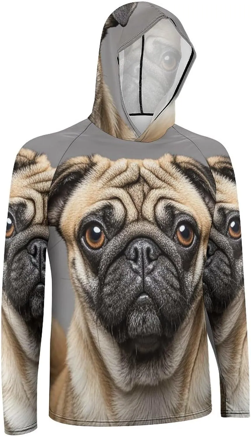 Men's UPF 50  Sun Protection Hoodie Outdoor UV Shirts Animal Pug Dog Long Sleeve Quick Dry Fishing Hiking Shirt