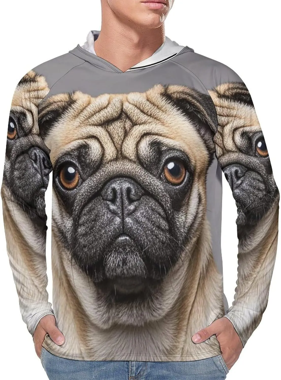 Men's UPF 50  Sun Protection Hoodie Outdoor UV Shirts Animal Pug Dog Long Sleeve Quick Dry Fishing Hiking Shirt