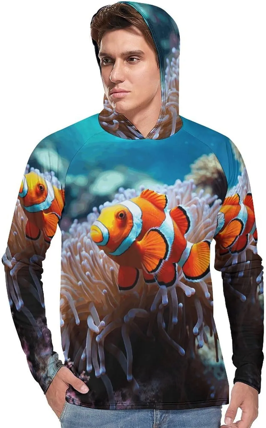 Men's UPF 50  Sun Protection Hoodie Outdoor UV Shirts Clown Fish Long Sleeve Quick Dry Fishing Hiking Shirt