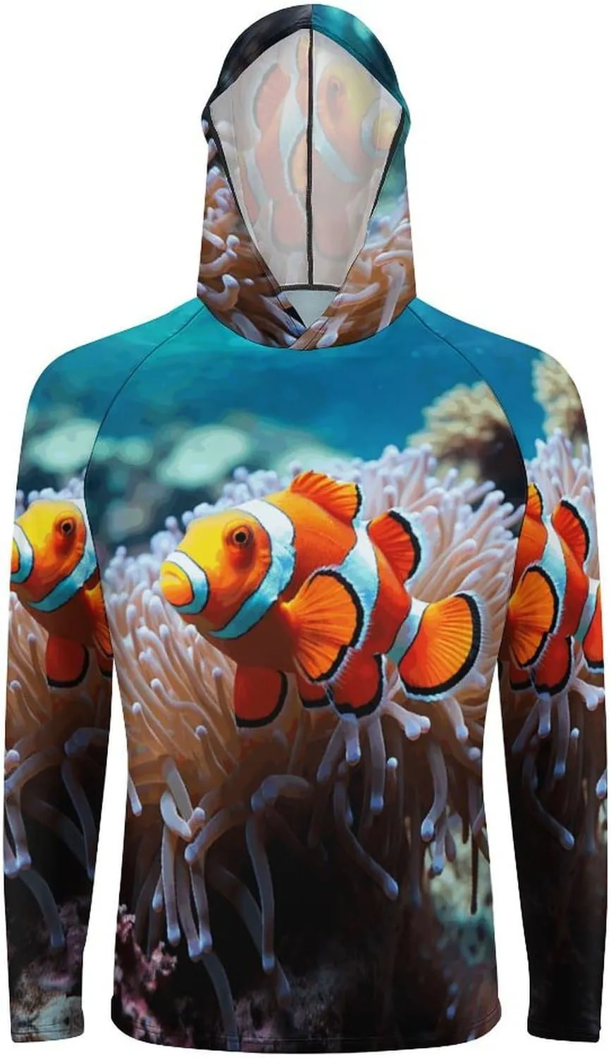 Men's UPF 50  Sun Protection Hoodie Outdoor UV Shirts Clown Fish Long Sleeve Quick Dry Fishing Hiking Shirt