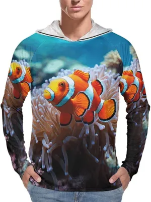 Men's UPF 50  Sun Protection Hoodie Outdoor UV Shirts Clown Fish Long Sleeve Quick Dry Fishing Hiking Shirt
