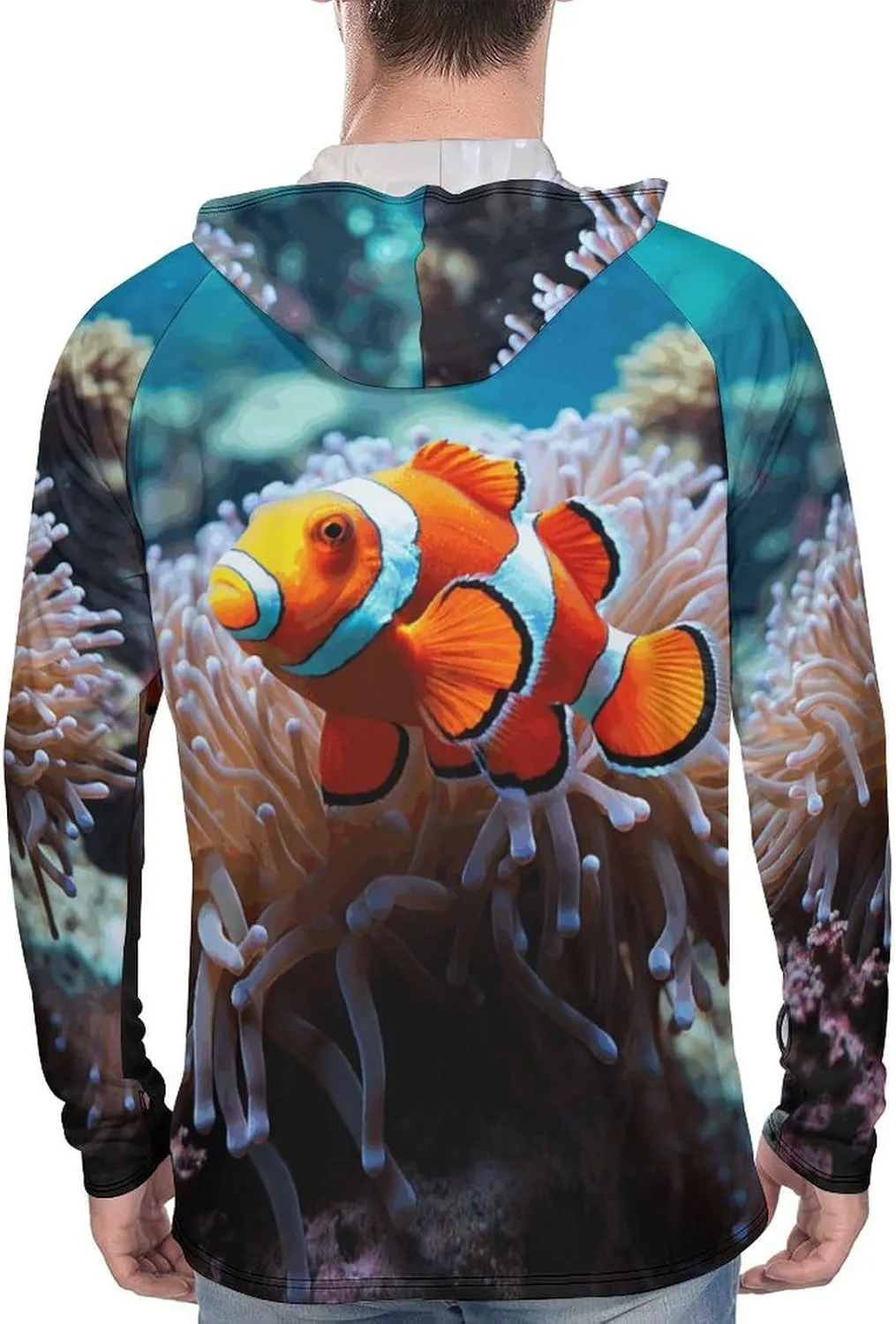 Men's UPF 50  Sun Protection Hoodie Outdoor UV Shirts Clown Fish Long Sleeve Quick Dry Fishing Hiking Shirt