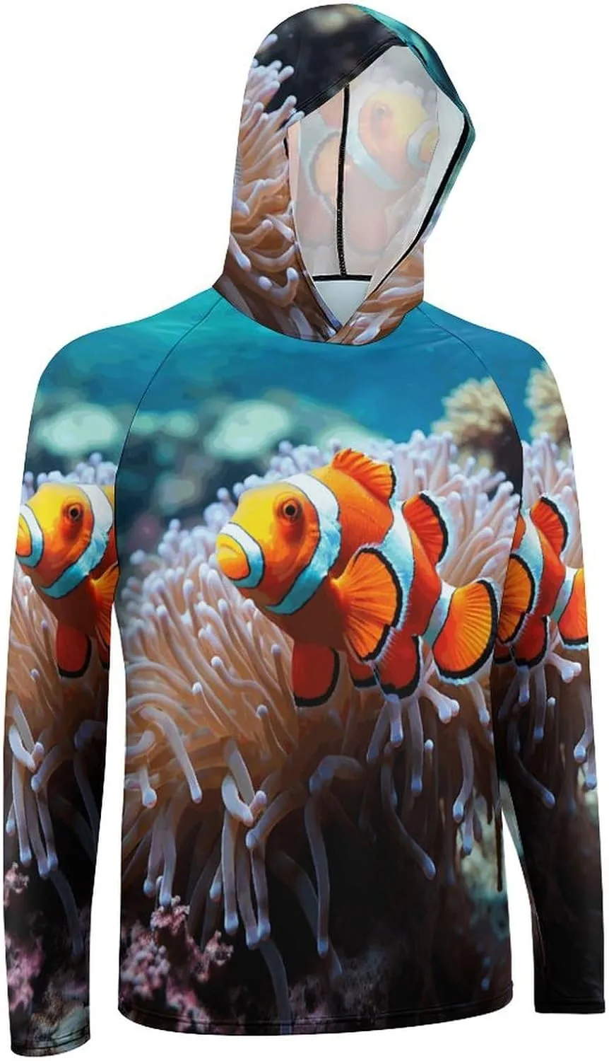 Men's UPF 50  Sun Protection Hoodie Outdoor UV Shirts Clown Fish Long Sleeve Quick Dry Fishing Hiking Shirt