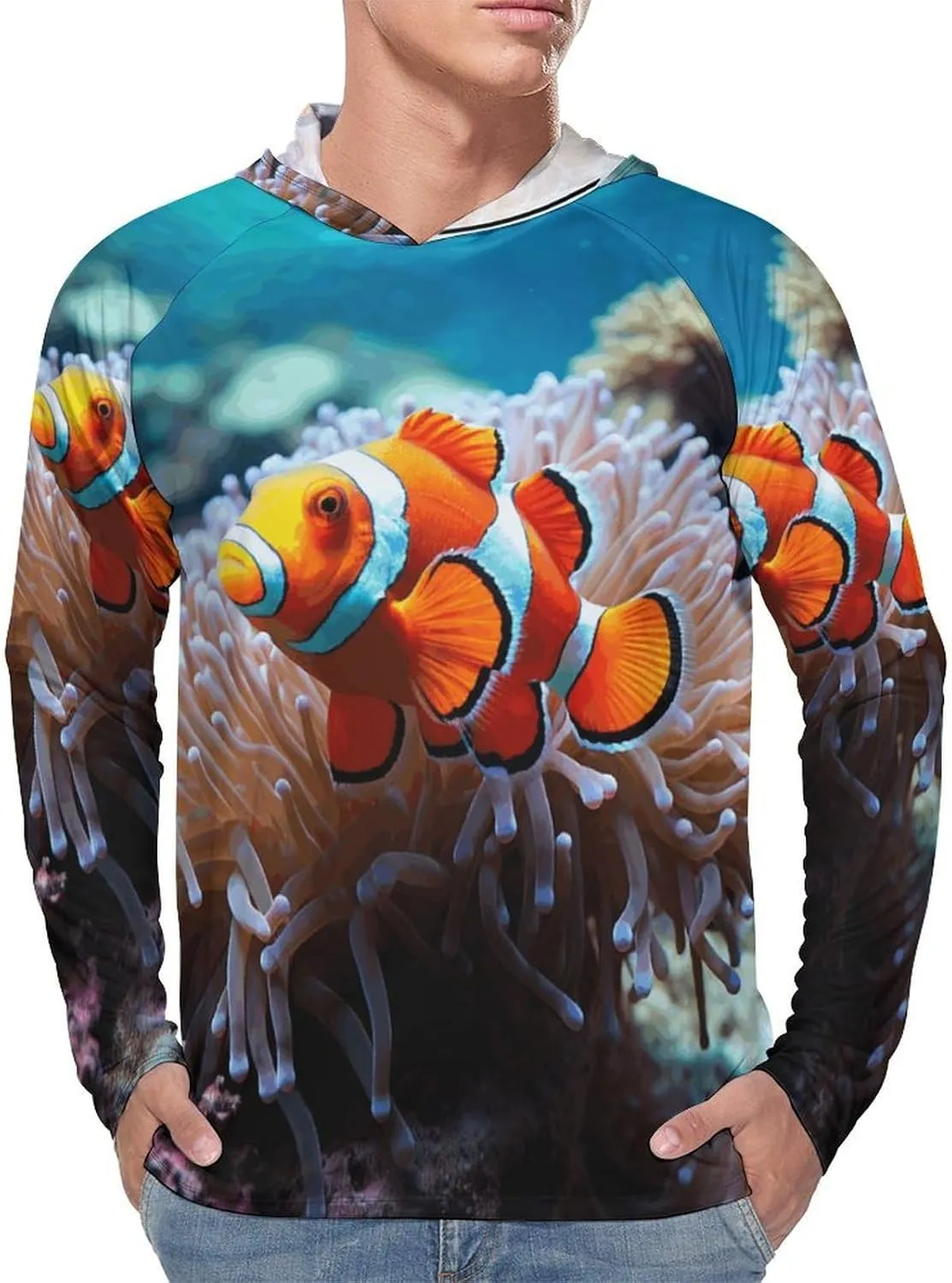 Men's UPF 50  Sun Protection Hoodie Outdoor UV Shirts Clown Fish Long Sleeve Quick Dry Fishing Hiking Shirt