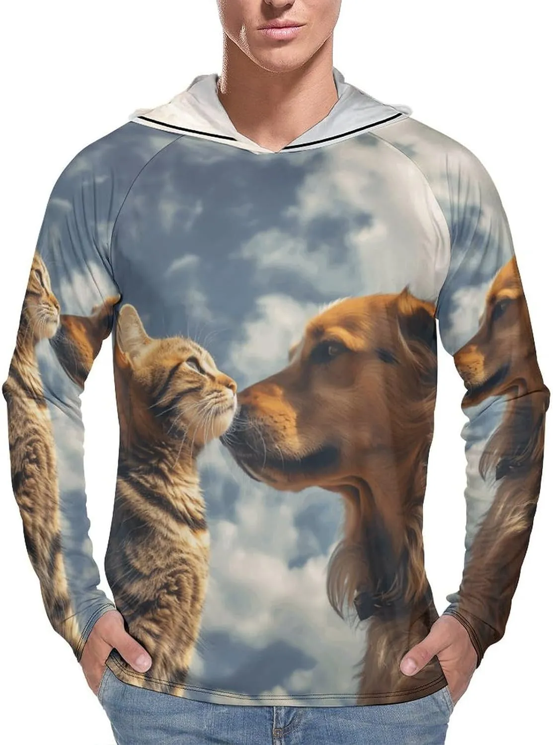 Men's UPF 50  Sun Protection Hoodie Outdoor UV Shirts Dog and Cat Face to Face Long Sleeve Quick Dry Fishing Hiking Shirt