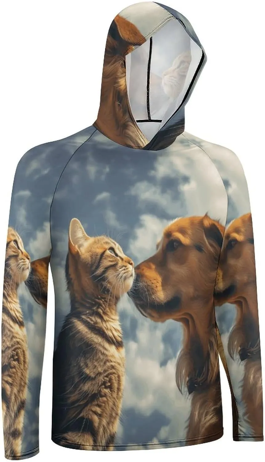 Men's UPF 50  Sun Protection Hoodie Outdoor UV Shirts Dog and Cat Face to Face Long Sleeve Quick Dry Fishing Hiking Shirt