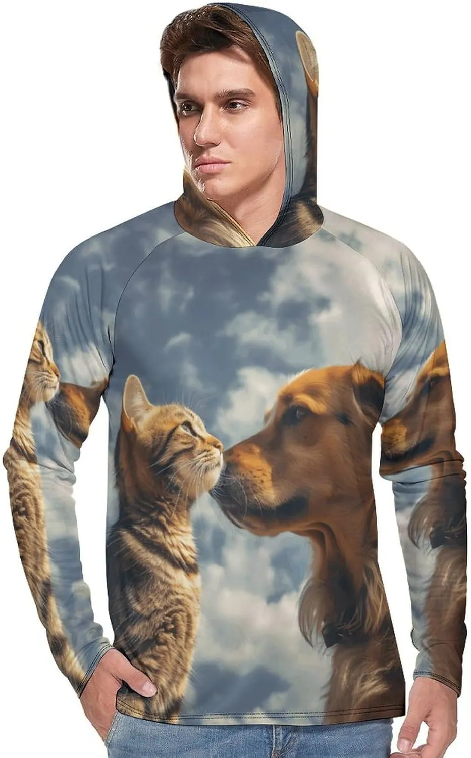 Men's UPF 50  Sun Protection Hoodie Outdoor UV Shirts Dog and Cat Face to Face Long Sleeve Quick Dry Fishing Hiking Shirt