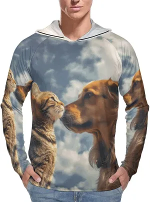 Men's UPF 50  Sun Protection Hoodie Outdoor UV Shirts Dog and Cat Face to Face Long Sleeve Quick Dry Fishing Hiking Shirt