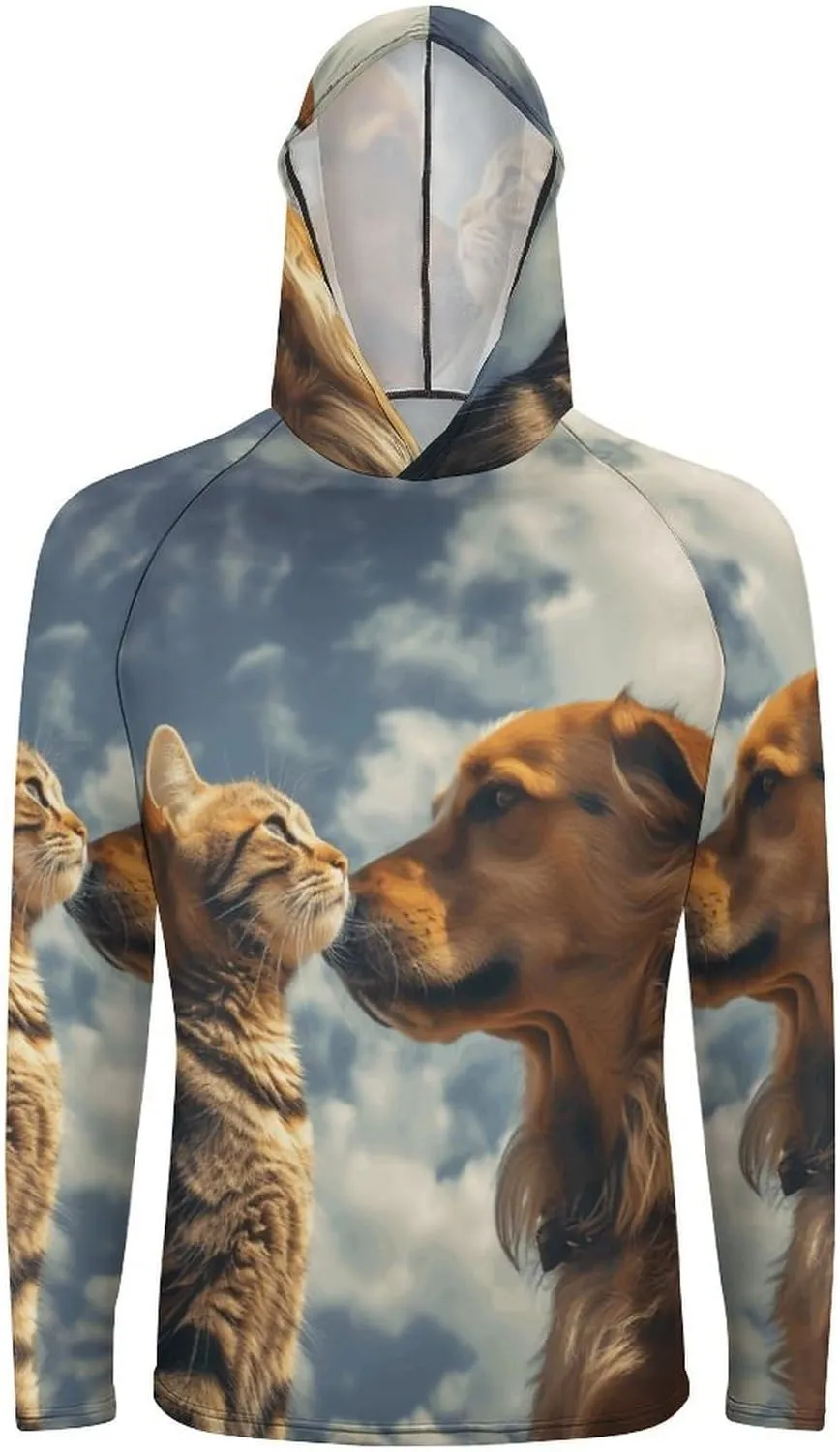 Men's UPF 50  Sun Protection Hoodie Outdoor UV Shirts Dog and Cat Face to Face Long Sleeve Quick Dry Fishing Hiking Shirt