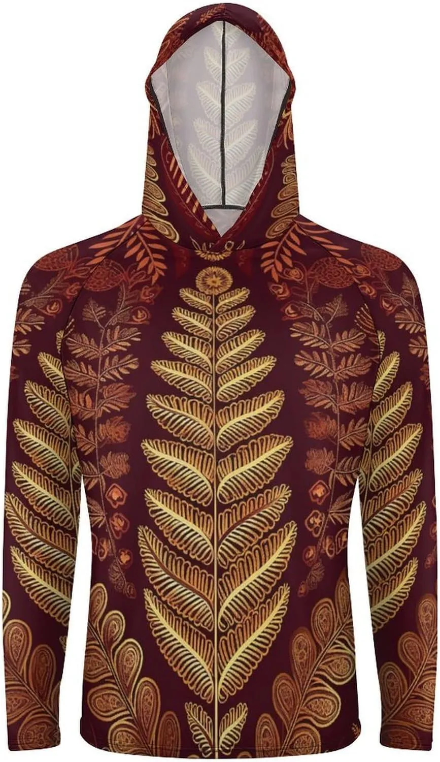 Men's UPF 50  Sun Protection Hoodie Outdoor UV Shirts Maroon Gold Pattern Long Sleeve Quick Dry Fishing Hiking Shirt