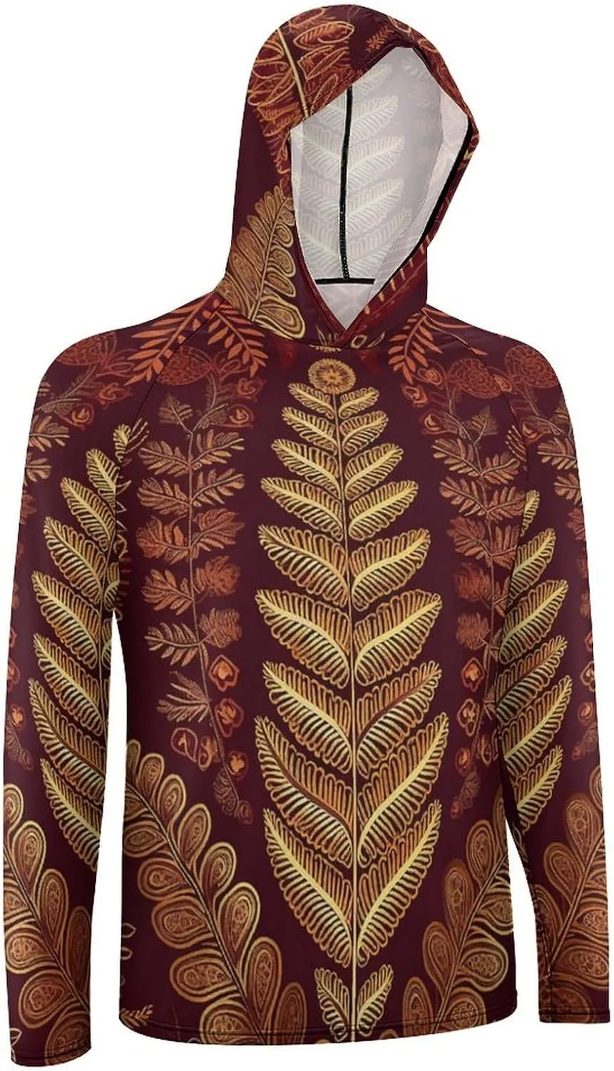 Men's UPF 50  Sun Protection Hoodie Outdoor UV Shirts Maroon Gold Pattern Long Sleeve Quick Dry Fishing Hiking Shirt