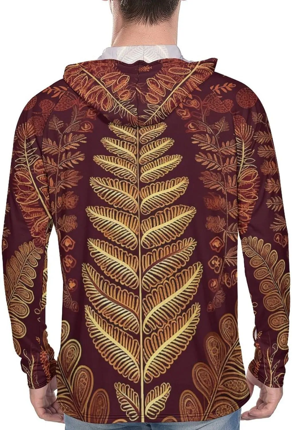 Men's UPF 50  Sun Protection Hoodie Outdoor UV Shirts Maroon Gold Pattern Long Sleeve Quick Dry Fishing Hiking Shirt