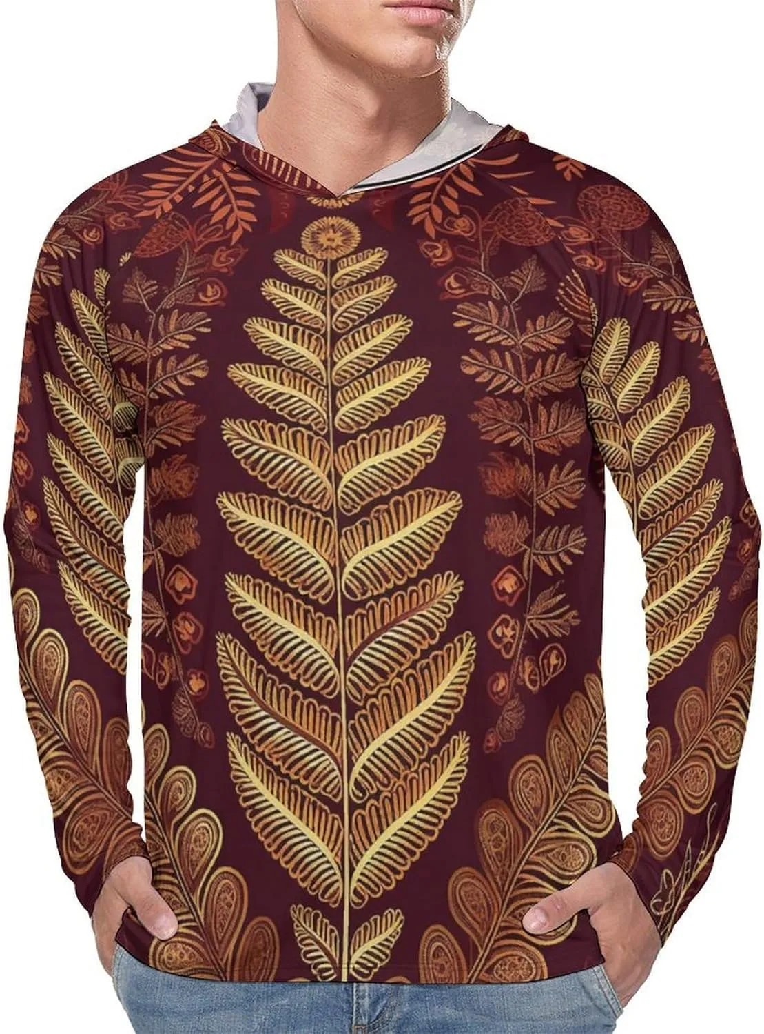 Men's UPF 50  Sun Protection Hoodie Outdoor UV Shirts Maroon Gold Pattern Long Sleeve Quick Dry Fishing Hiking Shirt