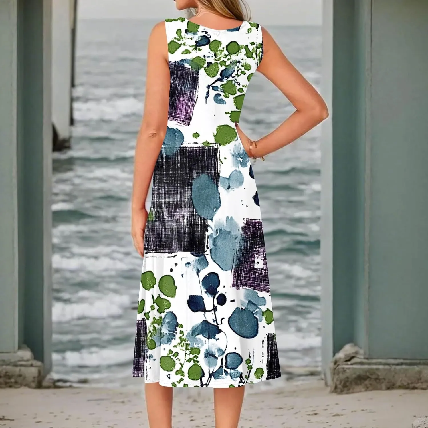 Midi Sundress Women Casual Pleated Floral A-line Tank Sundress Beach Vacation Cruise Outfits