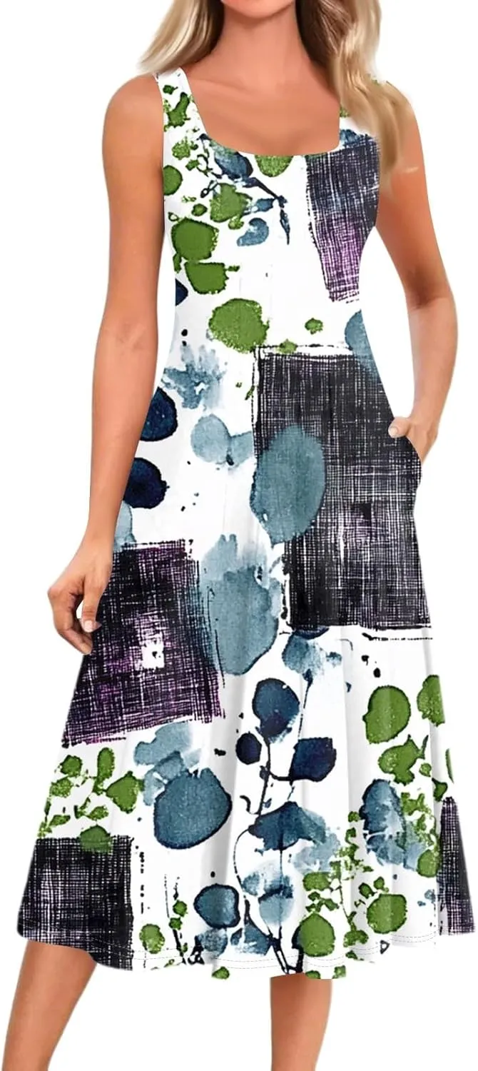 Midi Sundress Women Casual Pleated Floral A-line Tank Sundress Beach Vacation Cruise Outfits