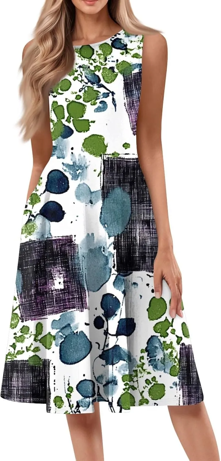 Midi Sundress Women Casual Pleated Floral A-line Tank Sundress Beach Vacation Cruise Outfits