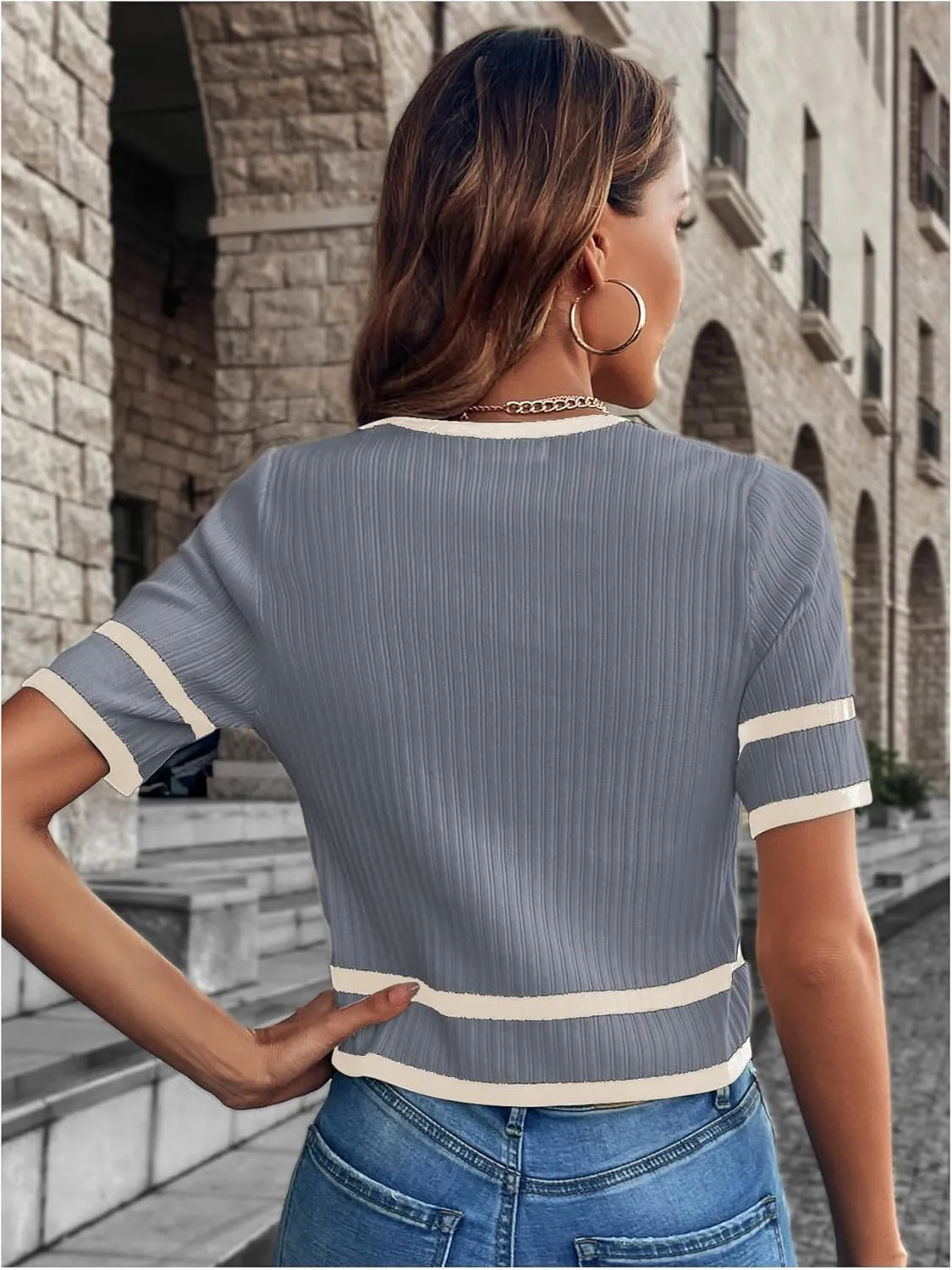 Milumia Women's Striped Button Up Cropped Short Sleeve Knit Tops
