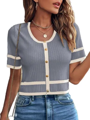 Milumia Women's Striped Button Up Cropped Short Sleeve Knit Tops