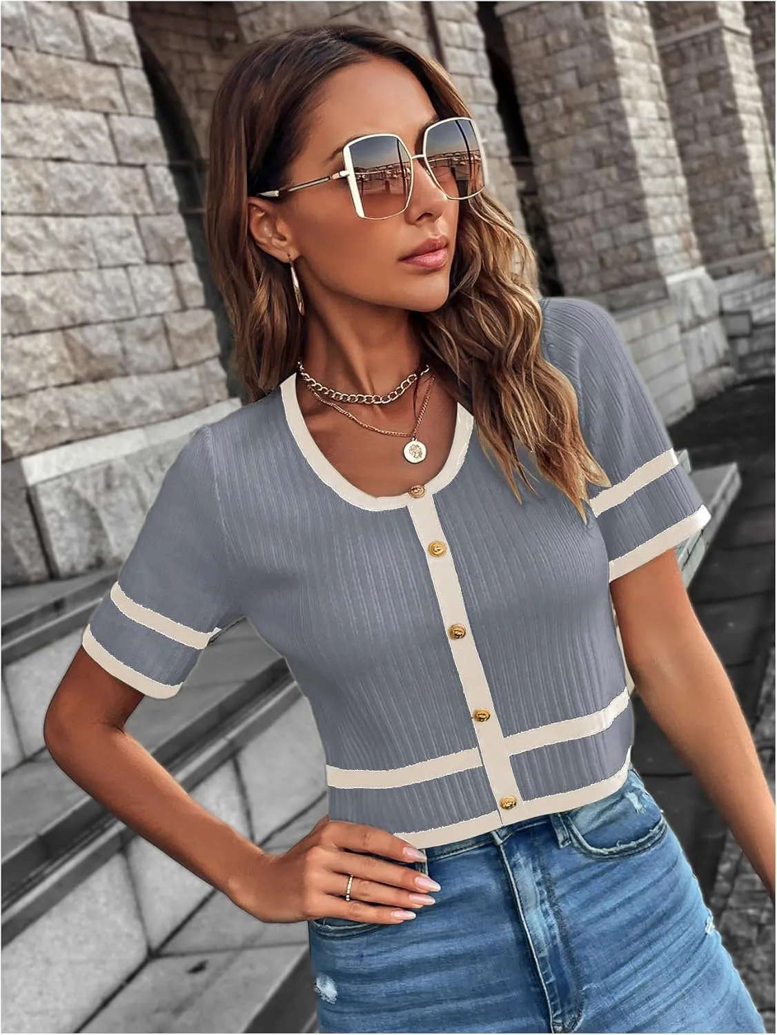 Milumia Women's Striped Button Up Cropped Short Sleeve Knit Tops