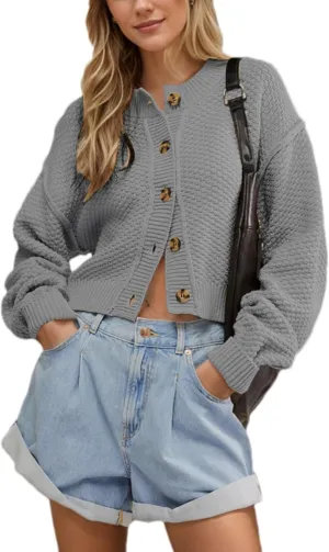 Mingzhu Womens Cardigan Sweaters Cropped Cable Knit Sweater Casual Button Down Open Front Chunky Cardigan