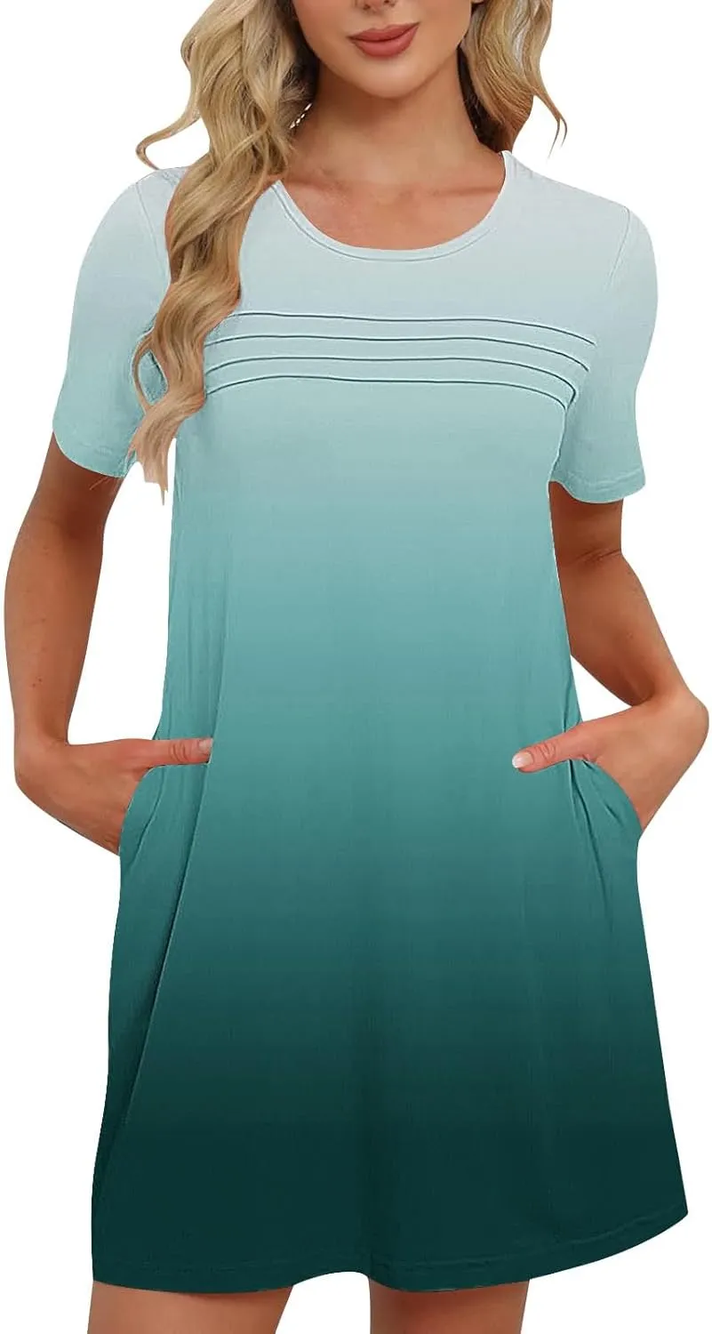 Mini Dresses for Women Casual Round Neck Short Sleeve Tunic Dress Comfy Ruched Gradient Colors Dress with Pockets