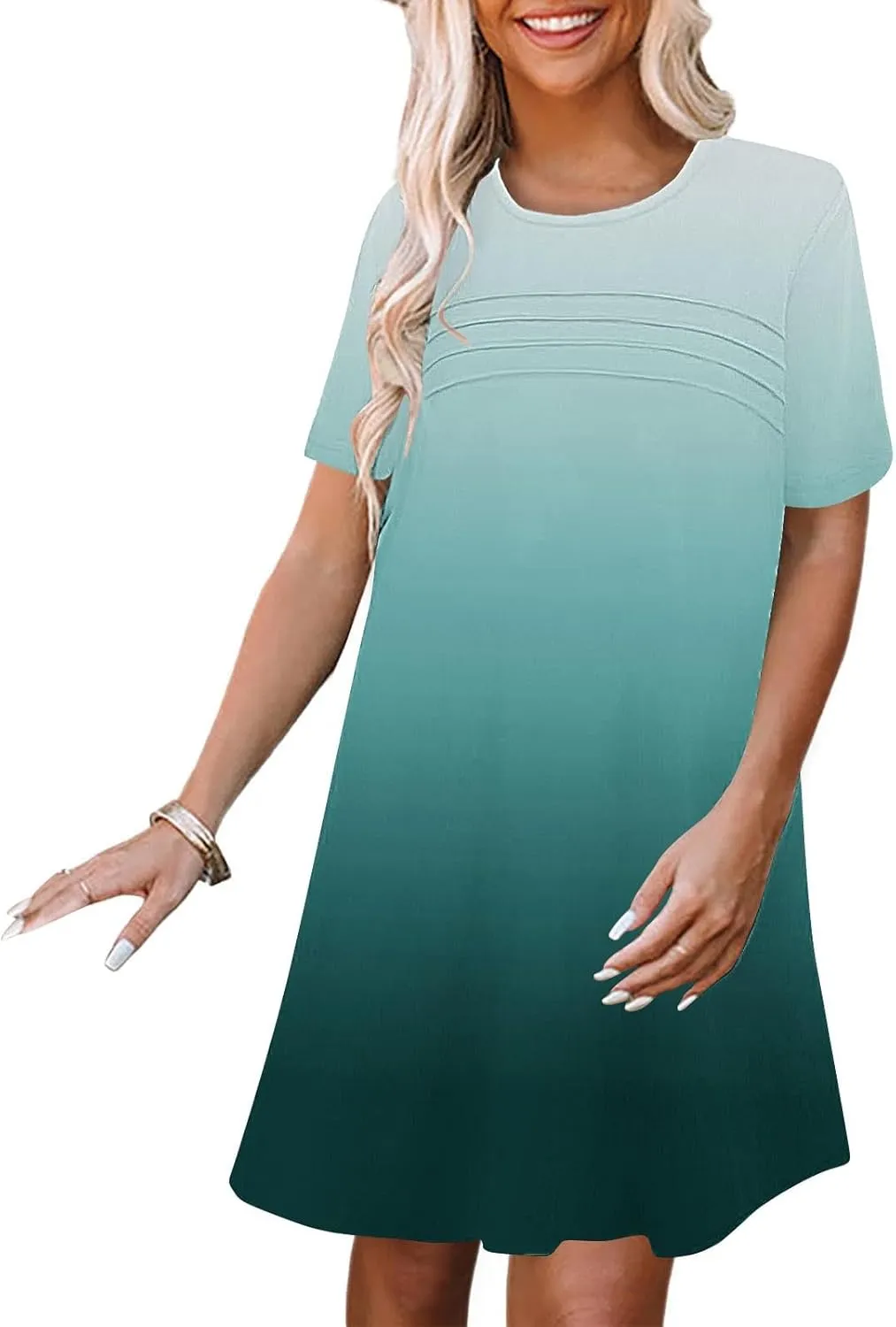 Mini Dresses for Women Casual Round Neck Short Sleeve Tunic Dress Comfy Ruched Gradient Colors Dress with Pockets