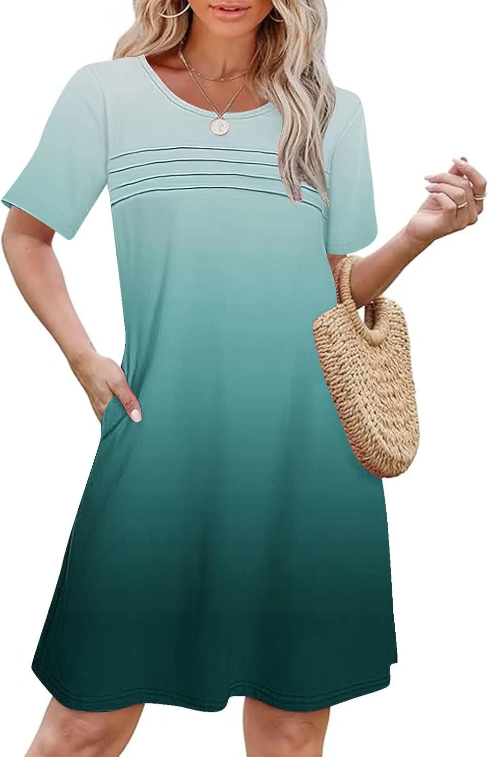 Mini Dresses for Women Casual Round Neck Short Sleeve Tunic Dress Comfy Ruched Gradient Colors Dress with Pockets