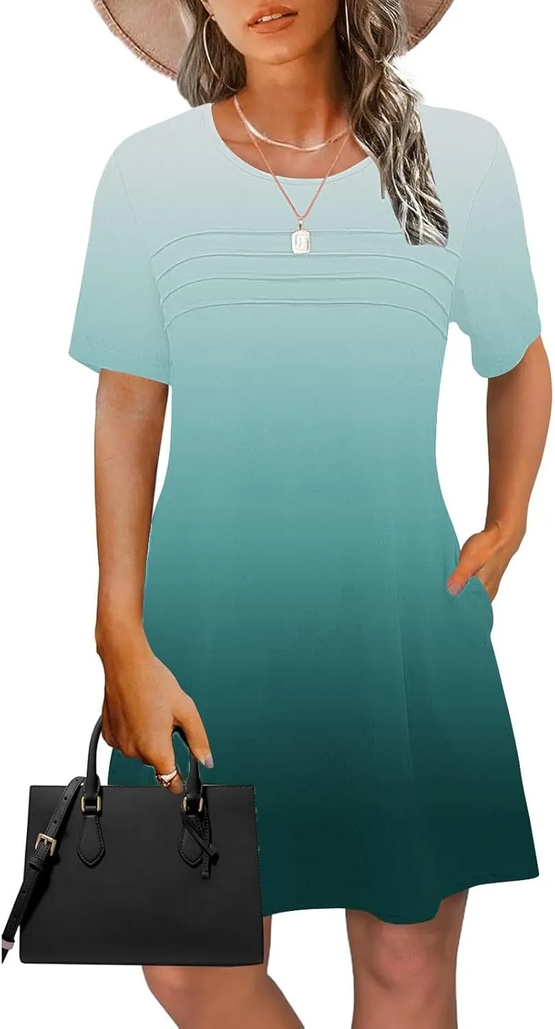 Mini Dresses for Women Casual Round Neck Short Sleeve Tunic Dress Comfy Ruched Gradient Colors Dress with Pockets