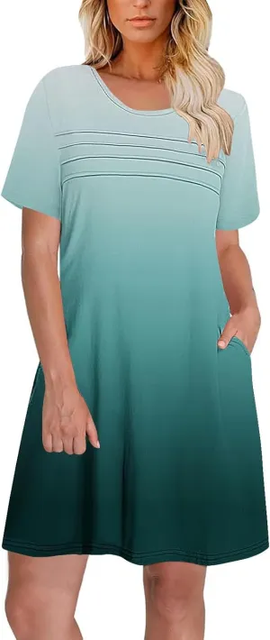 Mini Dresses for Women Casual Round Neck Short Sleeve Tunic Dress Comfy Ruched Gradient Colors Dress with Pockets
