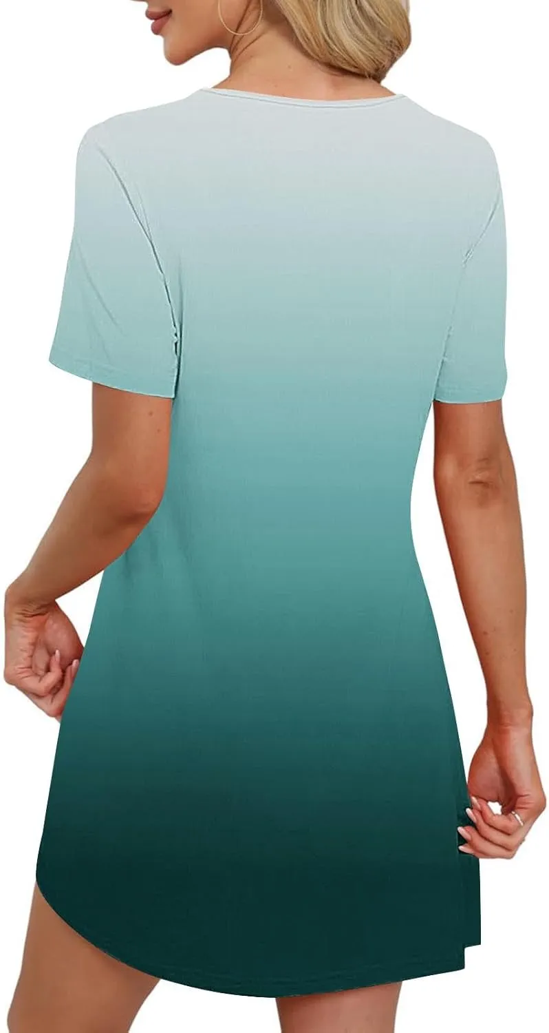 Mini Dresses for Women Casual Round Neck Short Sleeve Tunic Dress Comfy Ruched Gradient Colors Dress with Pockets