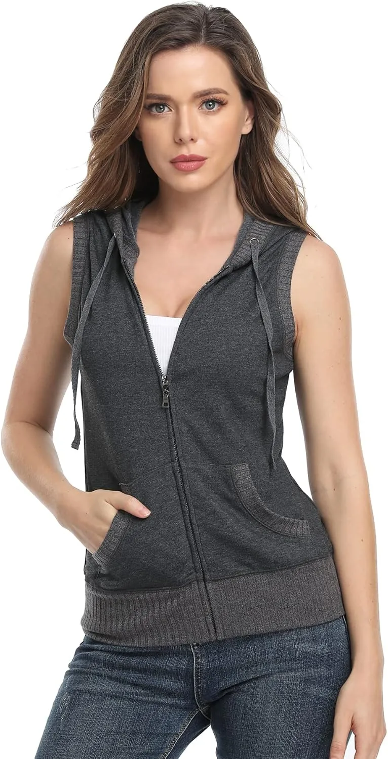 MISS MOLY Women's Sleeveless Hoodies Sweatshirt Basic Solid Zip Up Vest Hoodie