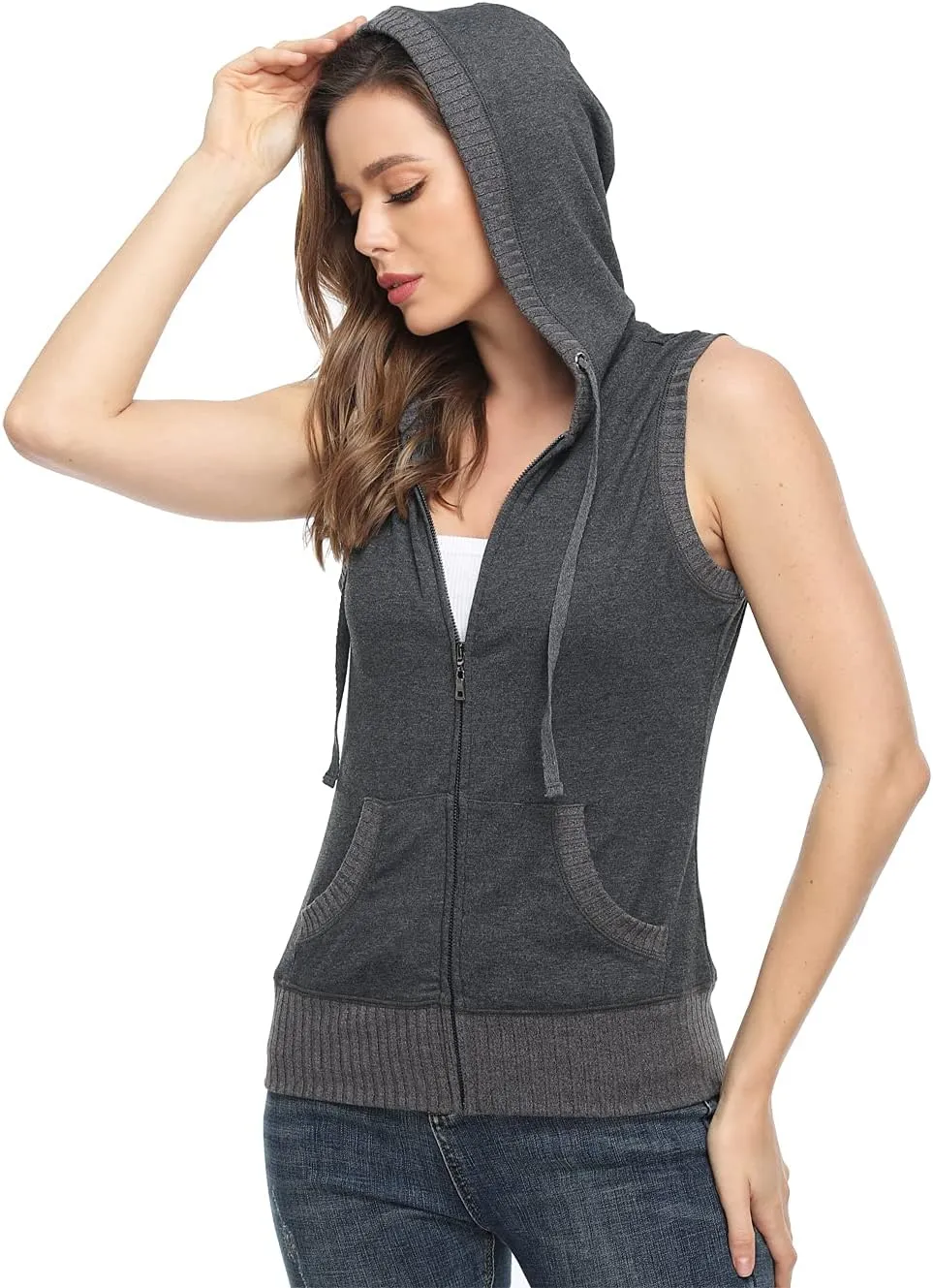 MISS MOLY Women's Sleeveless Hoodies Sweatshirt Basic Solid Zip Up Vest Hoodie