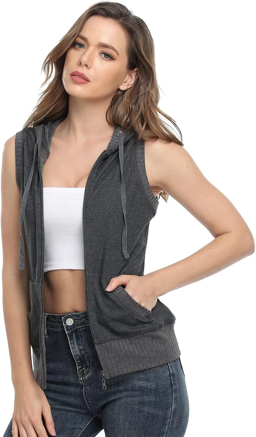 MISS MOLY Women's Sleeveless Hoodies Sweatshirt Basic Solid Zip Up Vest Hoodie