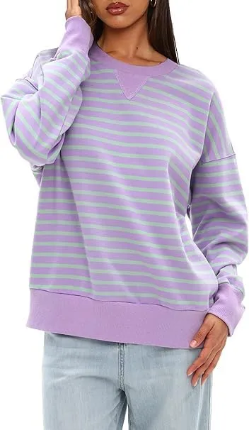 Mulisky Sweatshirt for Women, Oversized Crewneck Striped Long Sleeve Shirts Casual Pullover Top