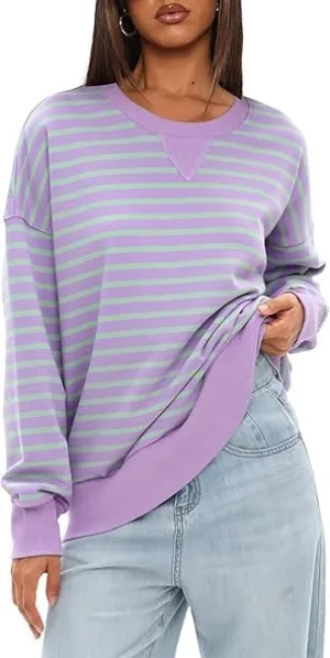 Mulisky Sweatshirt for Women, Oversized Crewneck Striped Long Sleeve Shirts Casual Pullover Top