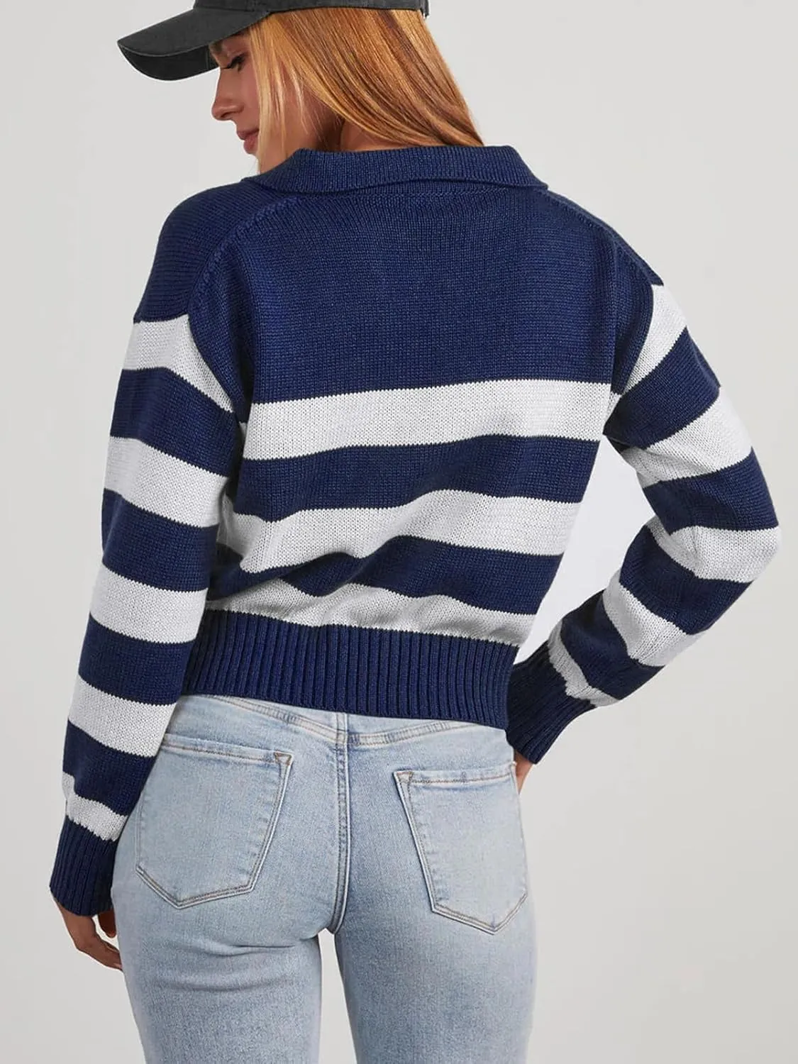 Mutitop Womens Striped Collared Sweater V Neck Long Sleeve Oversize Ribbed Knit Pullover Casual Fall Chunky Sweater