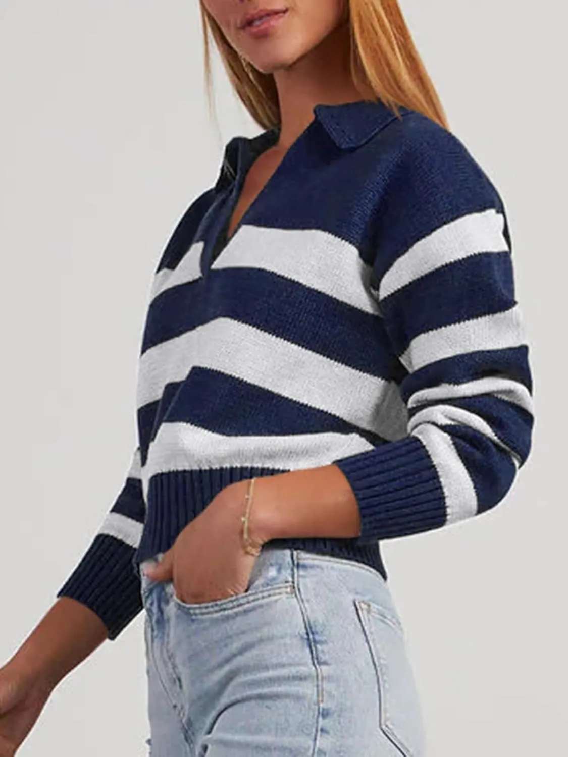 Mutitop Womens Striped Collared Sweater V Neck Long Sleeve Oversize Ribbed Knit Pullover Casual Fall Chunky Sweater