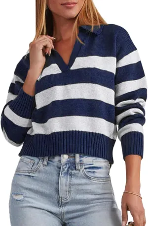 Mutitop Womens Striped Collared Sweater V Neck Long Sleeve Oversize Ribbed Knit Pullover Casual Fall Chunky Sweater