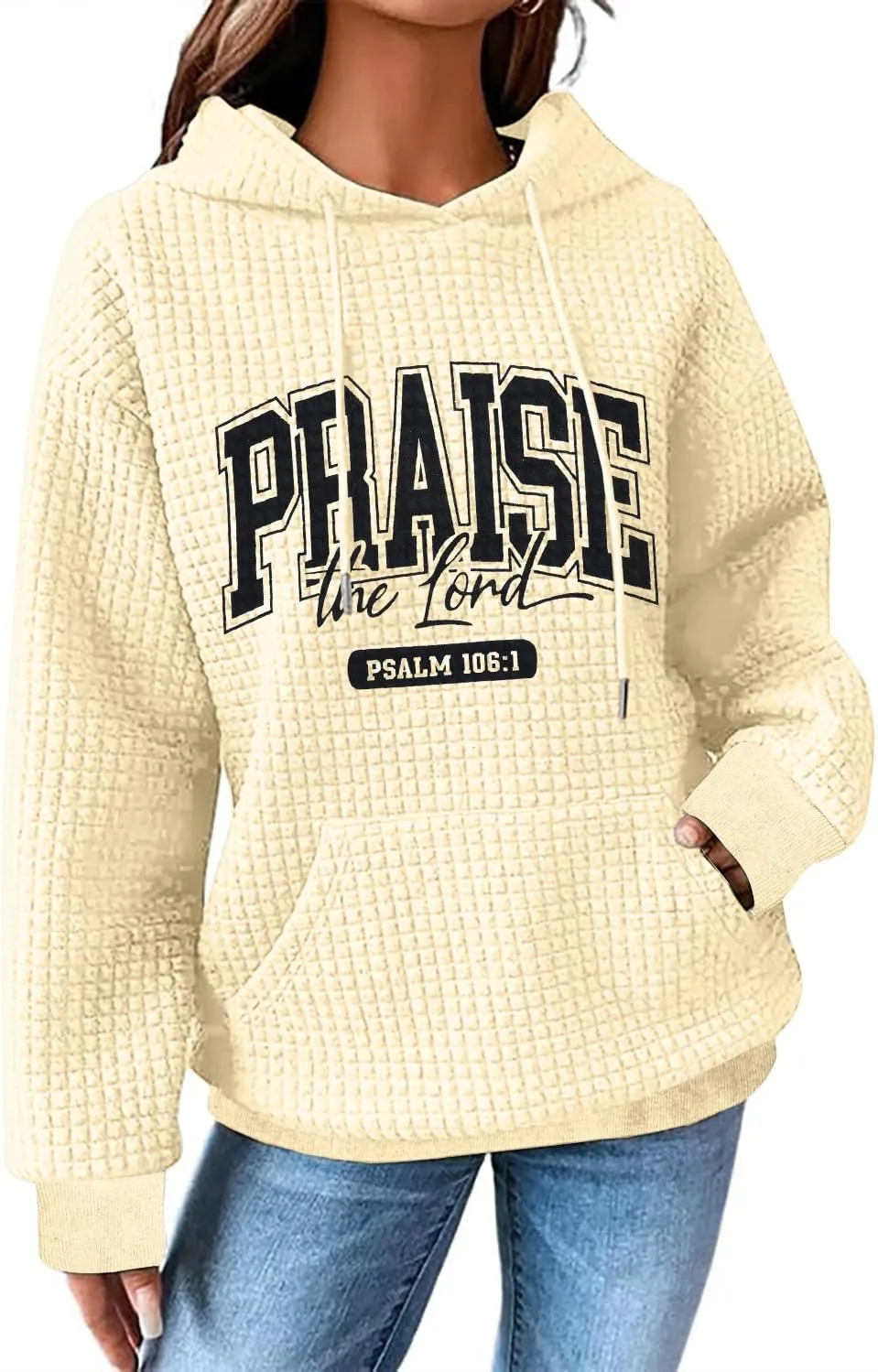 MYHALF Love Like Jesus Hoodies for Women Christian Bible Verse Sweatshirt Casual Drawstring Waffle Pullover Tops with Pocket