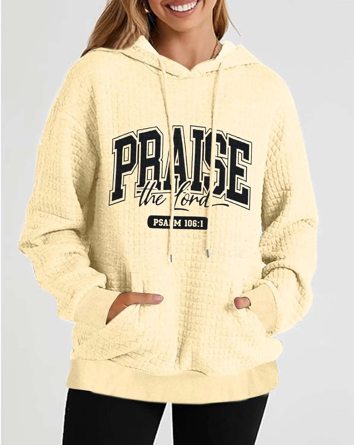 MYHALF Love Like Jesus Hoodies for Women Christian Bible Verse Sweatshirt Casual Drawstring Waffle Pullover Tops with Pocket